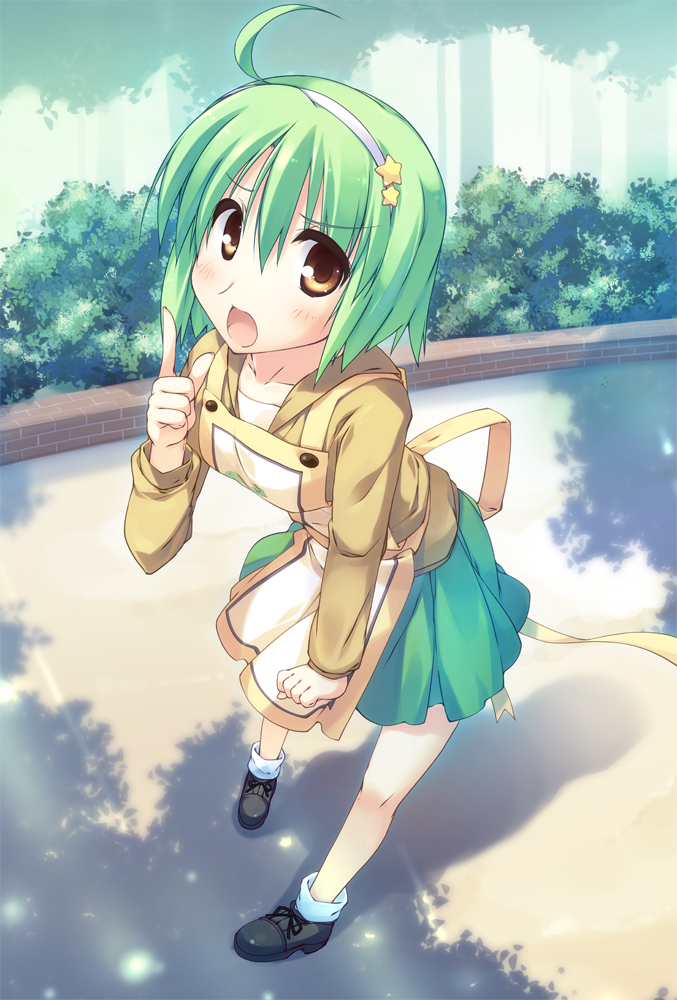 ahoge, ankle_socks, black_shoes, blush, brown_eyes, bush, clenched_hand, collarbone