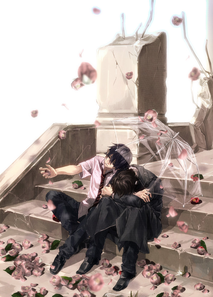 ao_no_exorcist, black_hair, brothers, flower, kawauso, ladder, male, multiple_boys