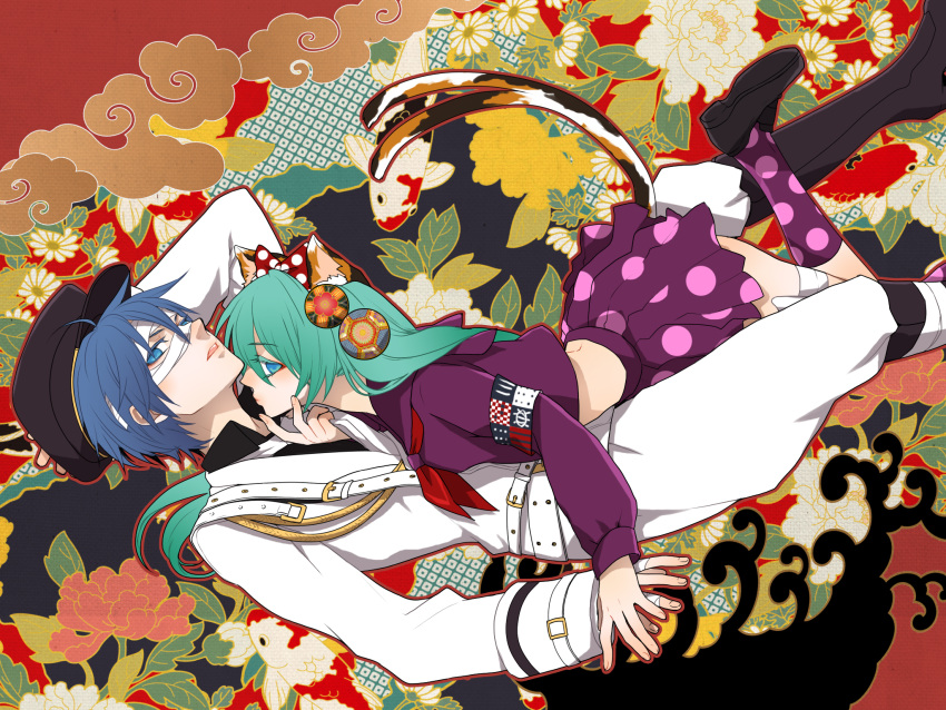 1girl, animal_ears, aqua_eyes, aqua_hair, armband, belt, bitte, blue_eyes