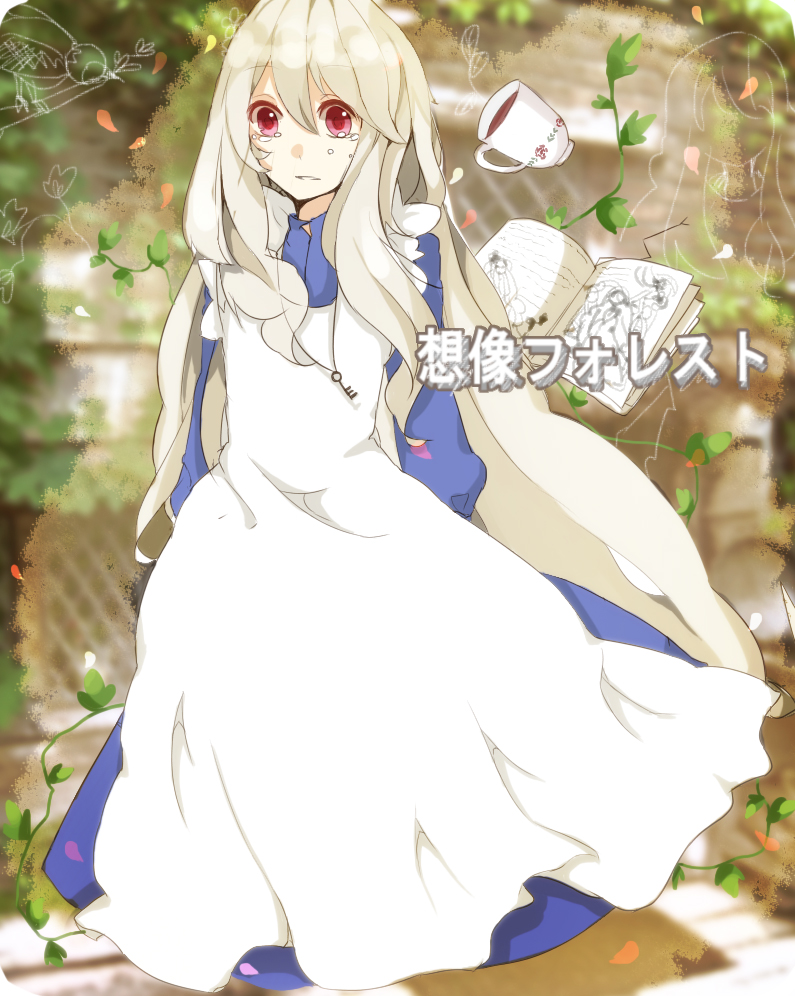 book, cup, hiiro, jewelry, long_hair, mary_(kagerou_project), necklace, petals