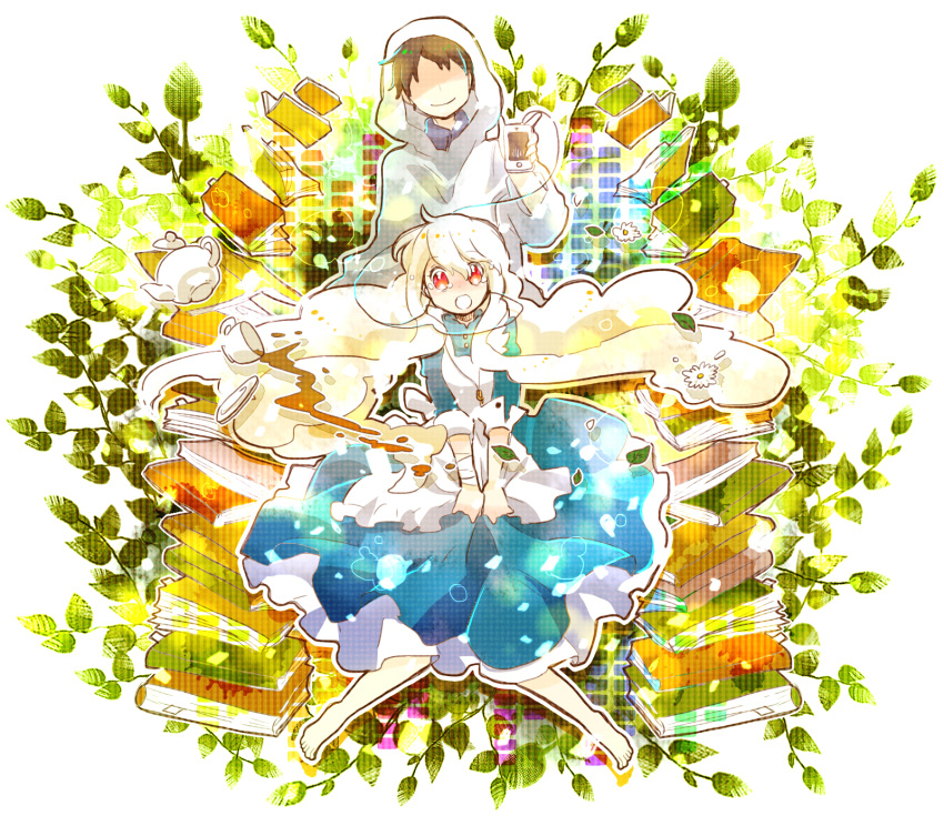 1girl, 7:24, 7?24, blonde_hair, book, brown_hair, cup, digital_media_player