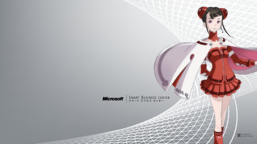 black_hair, bun_cover, cape, detached_sleeves, double_bun, highres, kneehighs, microsoft, pleated_skirt, purple_eyes, short_hair, skirt, solo, standing, violet_eyes, yoshida_ken'ichi, yoshida_ken'ichi