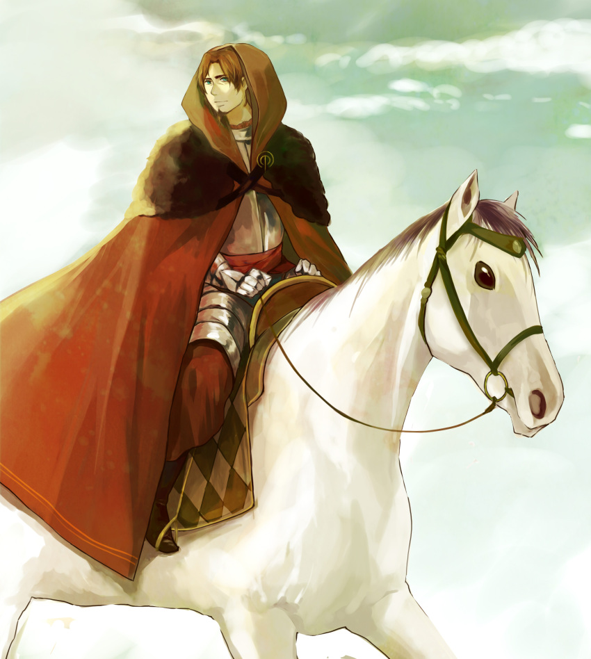 alternate_costume, armor, blue_eyes, brown_hair, cape, cloak, facial_hair, fate/zero, fate_(series), goatee, highres, hood, horse, kalalaka, male, robe, solo, tohsaka_tokiomi, toosaka_tokiomi