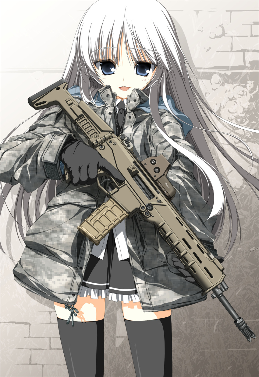 absurdres, assault_rifle, black_legwear, blue_eyes, bushmaster_acr, gloves, gun, highres, jacket, jormungand, koko_hekmatyar, long_hair, looking_at_viewer, magpul762, necktie, open_mouth, rifle, silver_hair, skindentation, skirt, smile, solo, standing, suzuri, thigh-highs, thighhighs, trigger_discipline, uniform, weapon, white_hair, zettai_ryouiki, zipper