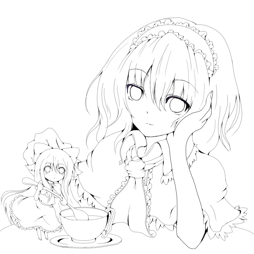 alice_margatroid, capelet, cup, dress, hairband, highres, holding, holding_spoon
