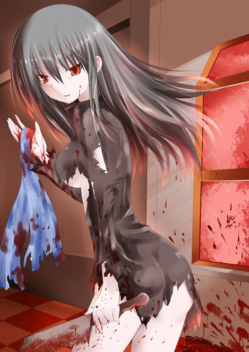 arm_up, ass, black_dress, black_hair, blood, blood_on_face, blood_splatter, bloody_clothes
