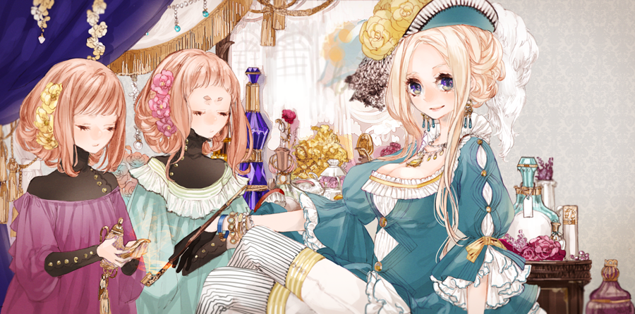 bangs, black_gloves, blonde_hair, blue_eyes, boots, bottle, bracelet, breasts