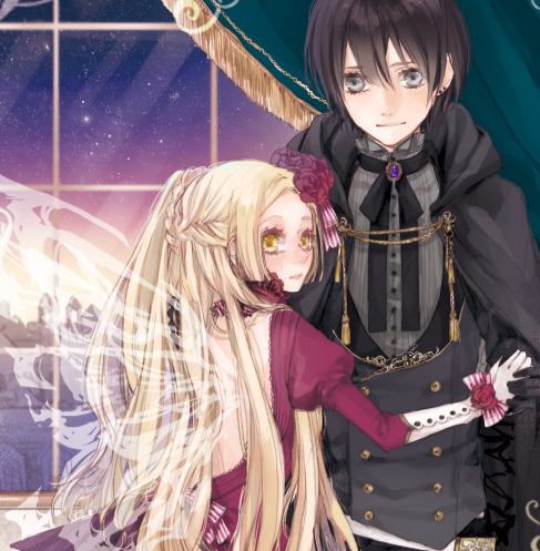 1girl, bad_id, bare_back, black_gloves, black_hair, blonde_hair, braid, brooch
