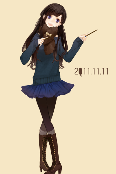 bad_id, bangs, baton_(instrument), black_hair, boots, bow, brown_legwear, dated