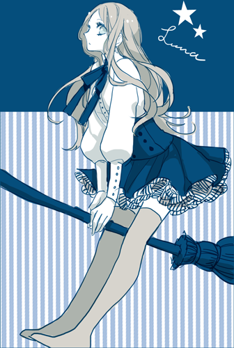 blonde_hair, blue, blue_eyes, border, broom, broom_riding, character_name, dress_shirt