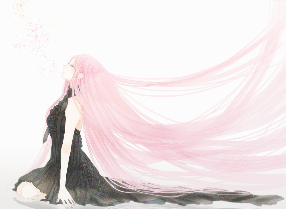 bare_shoulders, black_dress, closed_eyes, colored_eyelashes, dress, eyes_closed, frills, halterneck, long_hair, megurine_luka, nail_polish, pink_hair, reflection, seiza, simple_background, sitting, sleeveless, sleeveless_dress, solo, tehua, very_long_hair, vocaloid, yua_(tick-tack)