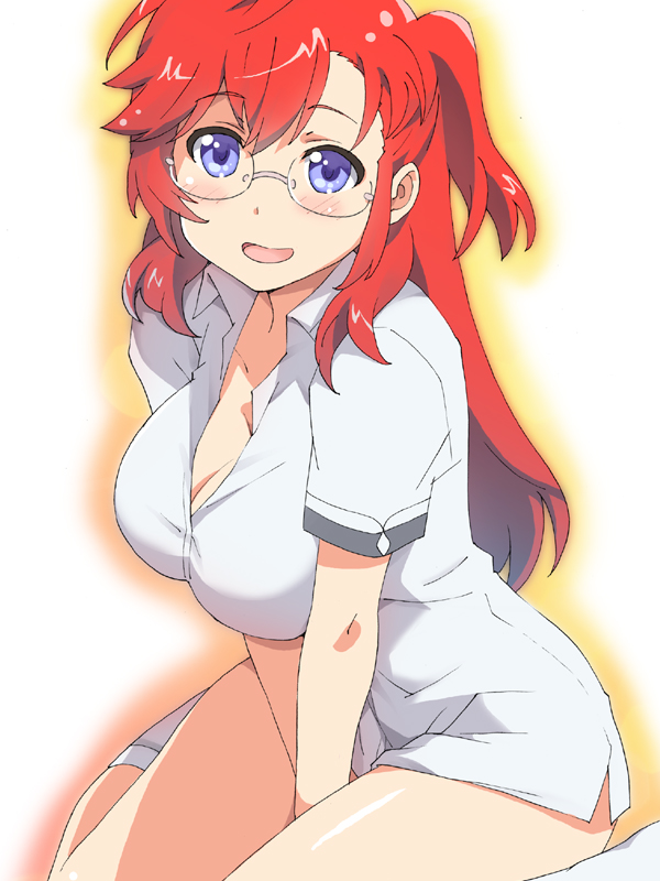 ano_natsu_de_matteru, blue_eyes, blush, breasts, cleavage, deyuuku, glasses, large_breasts