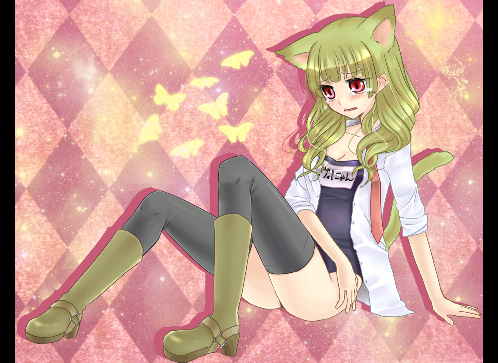 boots, breasts, cat_ears, cleavage, green_hair, kanene_nono, leviathan_(umineko), necktie