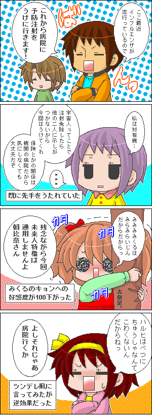 asahina_mikuru, chibi, comic, koizumi_itsuki, kyon, nagato_yuki, needle_phobia, scared