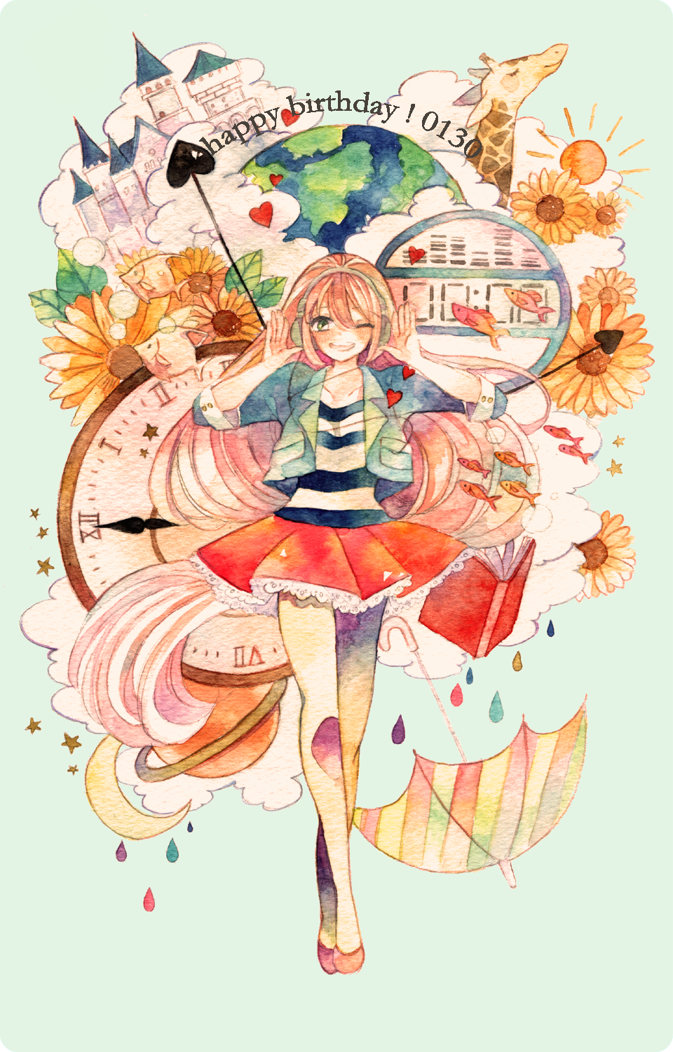 animal, arms_up, bare_legs, bolero, book, castle, clock, cloud, crescent_moon, cropped_jacket, digital_clock, earth, eko_(ecology), fish, flats, flower, frills, giraffe, green_background, green_eyes, happy_birthday, headphones, heart, heart_beats_(vocaloid), highres, jacket, legs, long_hair, looking_at_viewer, megurine_luka, moon, open_mouth, pink_hair, planet, pocket_watch, saturn, shoes, simple_background, skirt, smile, solo, striped, sun, t-shirt, text, traditional_media, umbrella, very_long_hair, vocaloid, watch, water_drop, watercolor_(medium), wink