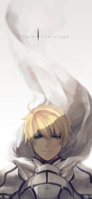 ahoge, armor, blonde_hair, breastplate, cape, fate/prototype, fate/unlimited_codes, fate_(series)