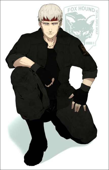 albino, boots, combat_boots, fingerless_gloves, foxhound, gloves, gobeur, gray_fox, grey_hair, headband, kneeling, logo, metal_gear, military, military_uniform, short_hair, simple_background, soldier