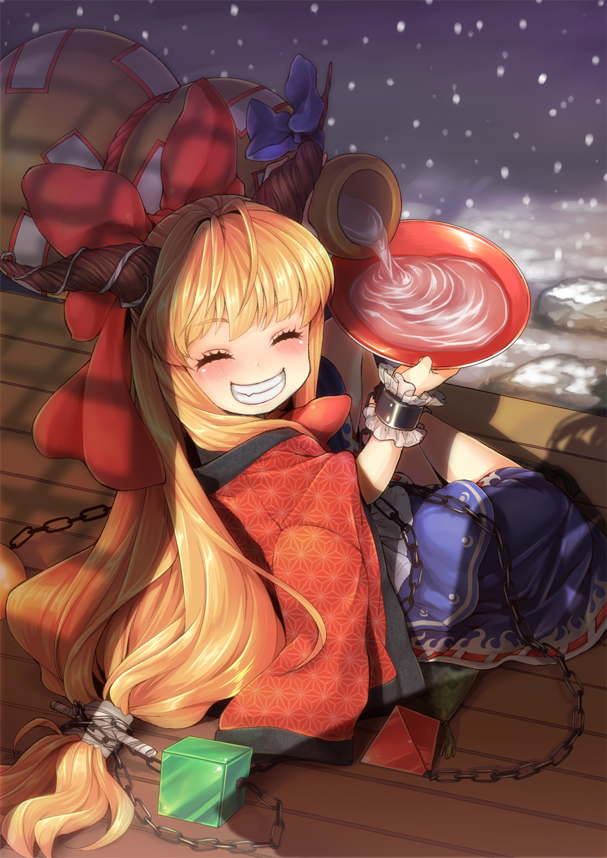 asa_no_ha_(pattern), blonde_hair, blush, bow, chain, chains, child, closed_eyes