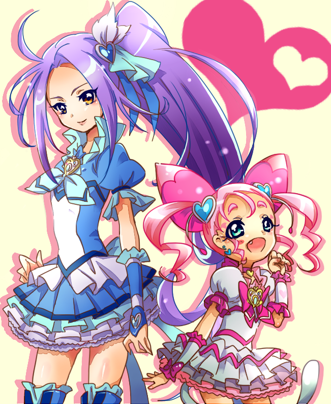 blue_eyes, brooch, cat_tail, choker, cure_beat, cure_humming, double_bun, dress, frills, hair_ornament, hairpin, haori_(ki-na-ri), happy, heart, height_difference, hummy_(suite_precure), jewelry, kurokawa_ellen, long_hair, magical_girl, multiple_girls, original, paw_pose, personification, pink_hair, ponytail, precure, purple_hair, short_hair, siren_(suite_precure), smile, suite_precure, tail, twintails, what_if, wrist_cuffs, yellow_eyes