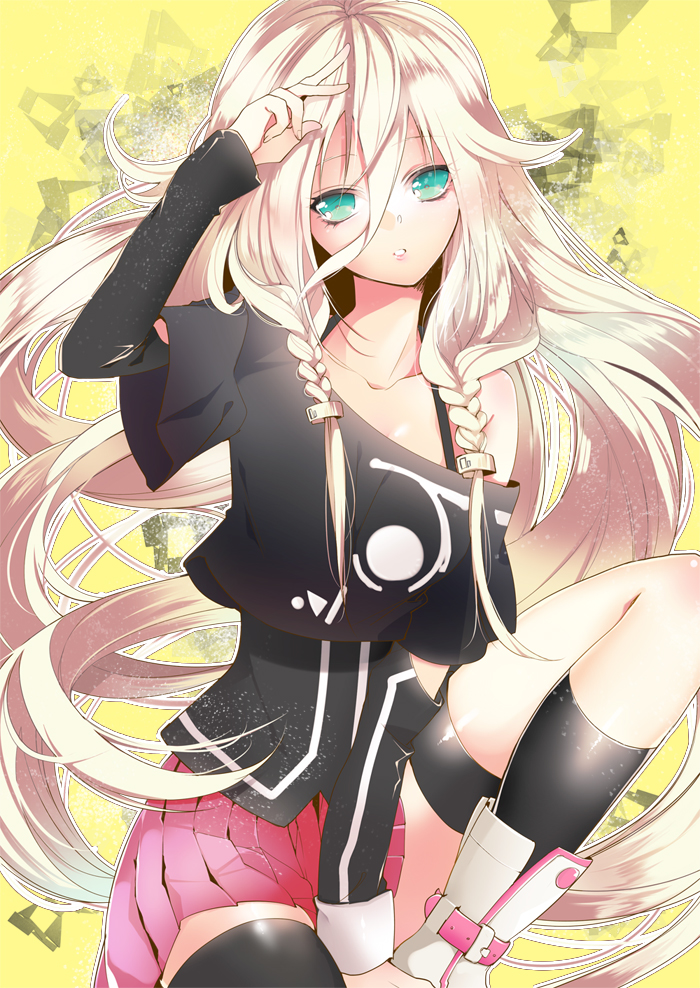 black_legwear, blonde_hair, boots, braid, censored, collarbone, convenient_censoring, detached_sleeves