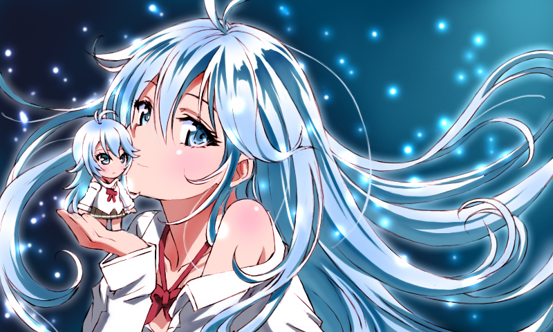 antenna_hair, ayukko_(forest_village), blue_eyes, blue_hair, bow, chibi, denpa_onna_to_seishun_otoko, kiss