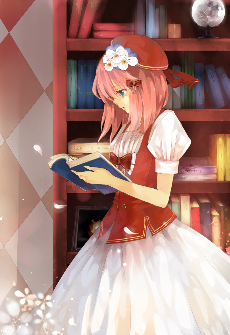 aqua_eyes, artist_name, bangs, beret, book, bookshelf, bow, buttons, checkered, flower, hair_bow, hair_flower, hair_ornament, hat, holding, holding_book, lens_flare, light_particles, lindypclo, long_skirt, open_book, orb, original, pearl, petals, pink_hair, puffy_sleeves, reading, shelf, shirt, short_hair, short_sleeves, skirt, solo, vest