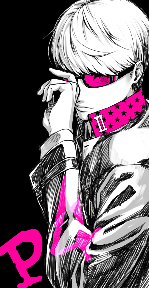 glasses, male, narukami_yuu, persona, persona_4, saitou_rokuro, solo, spot_color