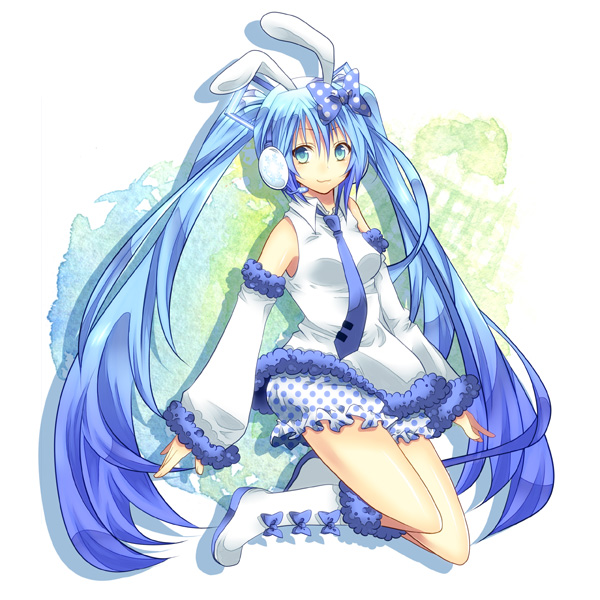 :3, bloomers, blue_eyes, blue_hair, bow, bunny_ears, detached_sleeves, fur_trim