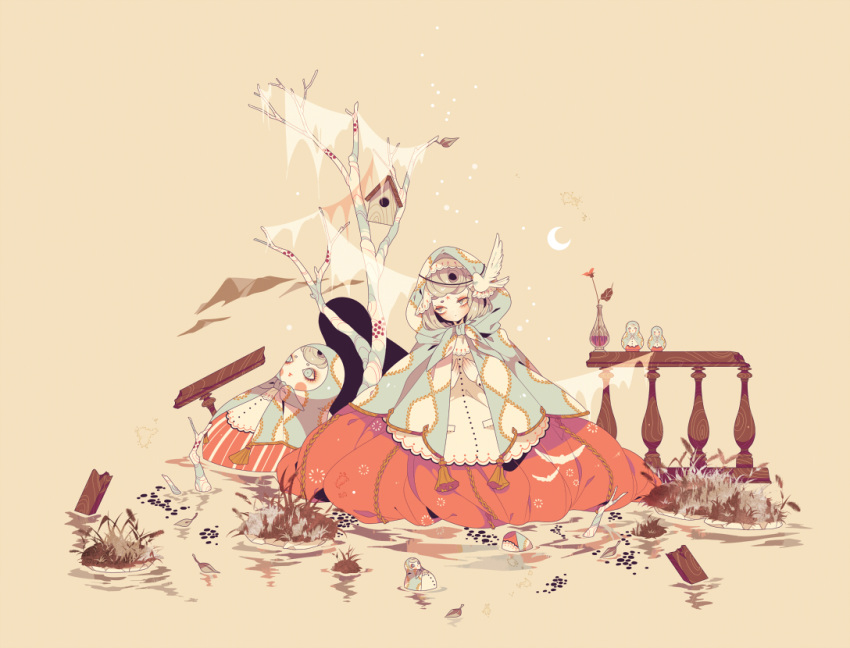 afloat, bangs, banister, bird, birdhouse, blonde_hair, blue_eyes, branch