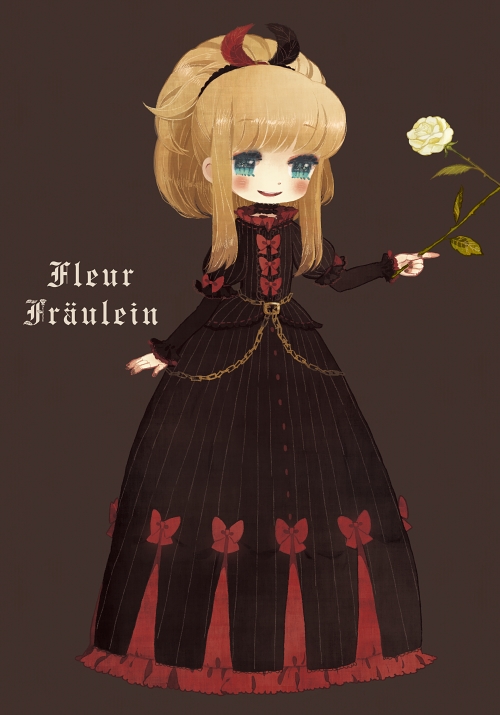 bad_id, bangs, black_dress, blonde_hair, blue_eyes, blush, bow, chain, chains, choker, doll, doll_joints, dress, elyse, feathers, female, flower, french, german, hair_feathers, hair_ornament, long_hair, madalshimo, marchen, nail_polish, payot, ponytail, rose, smile, solo, sound_horizon, standing, text, translated, vertical_stripes, white_rose