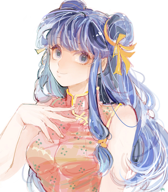 blue_hair, bow, bust, chinese_clothes, double_bun, funpjinju, hair_bow, hand_on_own_chest