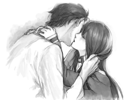 1girl, closed_eyes, couple, eyes_closed, facial_hair, hand_on_another's_neck, hand_on_another's_neck, hug, jacket, labcoat, long_hair, lowres, makise_kurisu, miya_(hooooo), monochrome, okabe_rintarou, short_hair, steins;gate, stubble