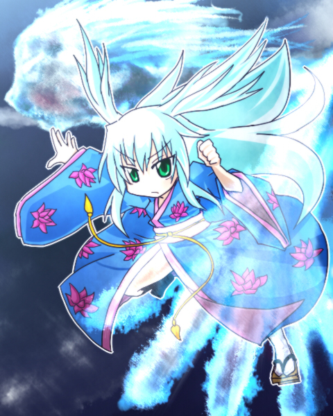 blue_hair, green_eyes, japanese_clothes, sashiromiya_sasha, touhou, yukata