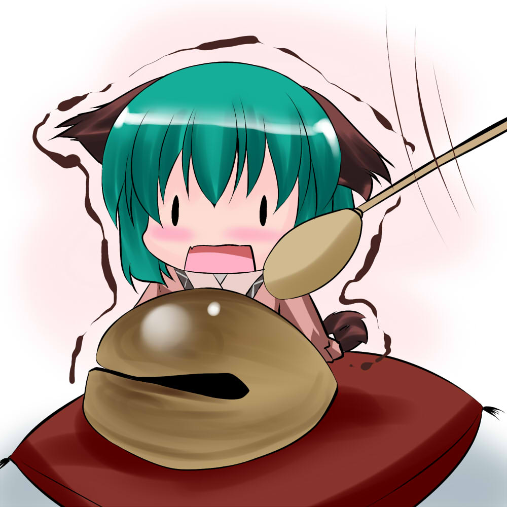 animal_ears, blush, chibi, green_hair, hoshizuki_(seigetsu), kasodani_kyouko, open_mouth, pillow