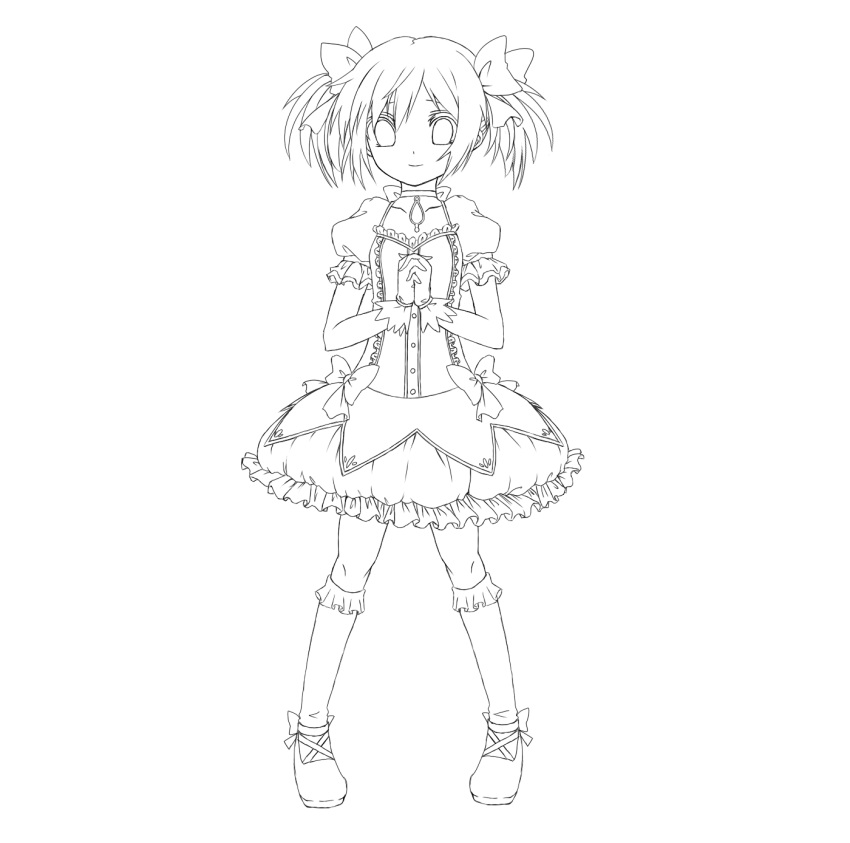 aji_paba, highres, kaname_madoka, lineart, looking_at_viewer, magical_girl, mahou_shoujo_madoka_magica, monochrome