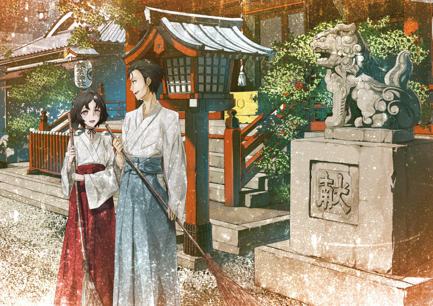 2c=galore, bamboo_broom, broom, japanese_clothes, komainu, lantern, miko, multiple_boys, neck_ribbon, okabe_rintarou, paper_lantern, ribbon, shrine, statue, steins;gate, temple, trap, urushibara_ruka, wooden_lantern