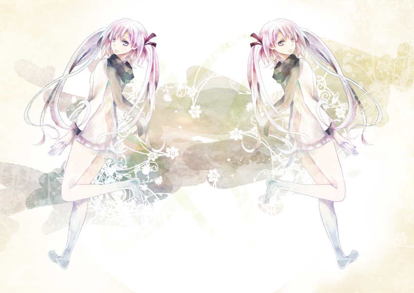 barefoot, hatsune_miku, long_hair, rio_(e2759), scarf, twins, twintails, vocaloid