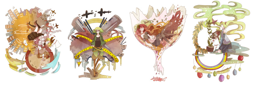 balloon, bokura_no_16bit_sensou_(vocaloid), boots, buildings, clock, detached_sleeves, goggles, gumi