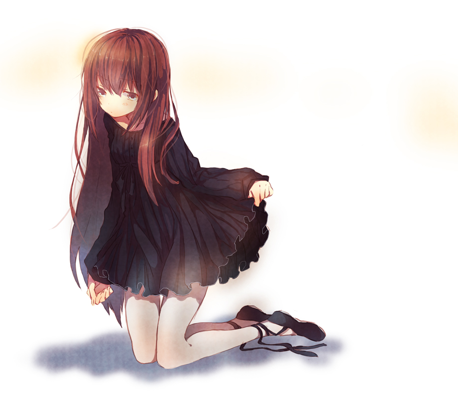 ballet_flats, black_dress, brown_hair, character_request, dress, grey_eyes, grey_legwear, kneeling, long_hair, makise_kurisu, miya_(tsumazukanai), original, pantyhose, shadow, shoe_ribbon, silver_eyes, simple_background, skirt, skirt_lift, solo, steins;gate, strap, tassel, very_long_hair