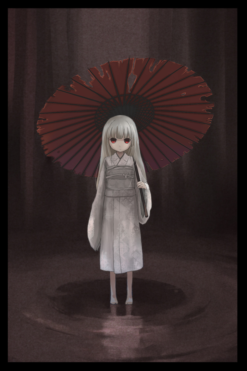 1girl, barefoot, blank_eyes, blonde, dress, eerie, feet, ghostly, kimono, long_white_hair, looking_at_viewer, obi, parasol, red_eyes, reflection, toufu_(beancurd_cake), umbrella, water, white_hair, white_kimono