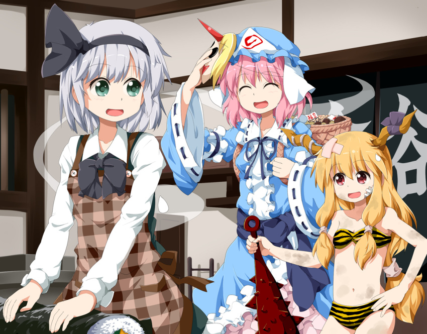 apron, arm_up, bandage, bandages, basket, bikini, blonde_hair, blue_dress