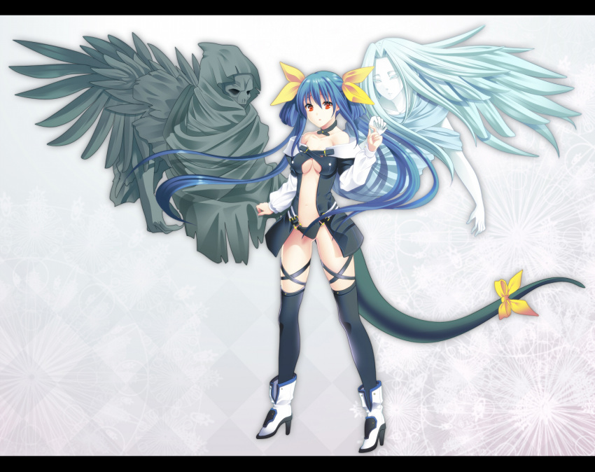 2girls, asymmetrical_wings, bare_shoulders, black_legwear, blue_hair, boots, bow, breasts, chiroku, choker, dizzy, guilty_gear, hair_bow, letterboxed, long_hair, multiple_girls, navel, necro, red_eyes, ribbon, standing, tail, tail_ribbon, thigh-highs, thighhighs, twintails, under_boob, underboob, undine, wings