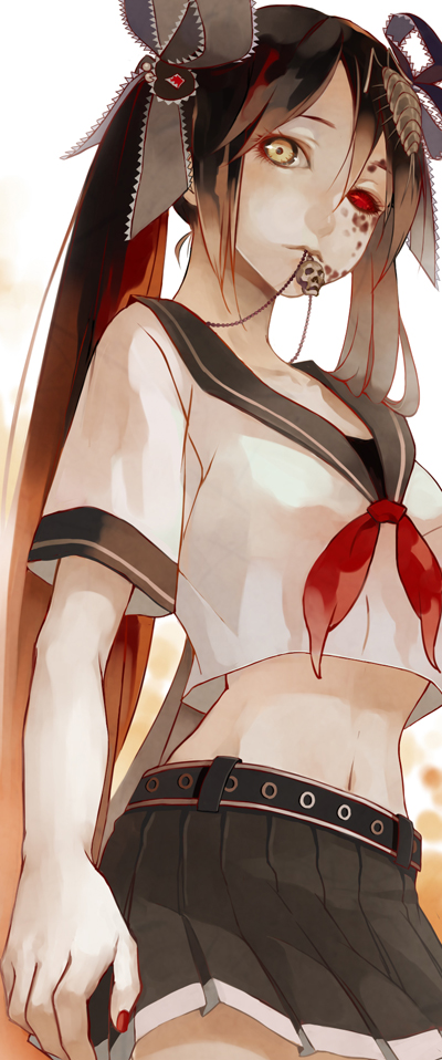 black_hair, bow, calne_ca, collarbone, crustacean, hair_bow, hair_ribbon, hatsune_miku, heterochromia, insect, isopod, jewelry, kebei, long_hair, looking_at_viewer, midriff, mouth_hold, navel, necklace, red_eyes, ribbon, saikin_osen_-_bacterial_contamination_-_(vocaloid), sailor_collar, school_uniform, serafuku, skirt, skull, solo, twintails, very_long_hair, vocaloid, white_background, yellow_eyes