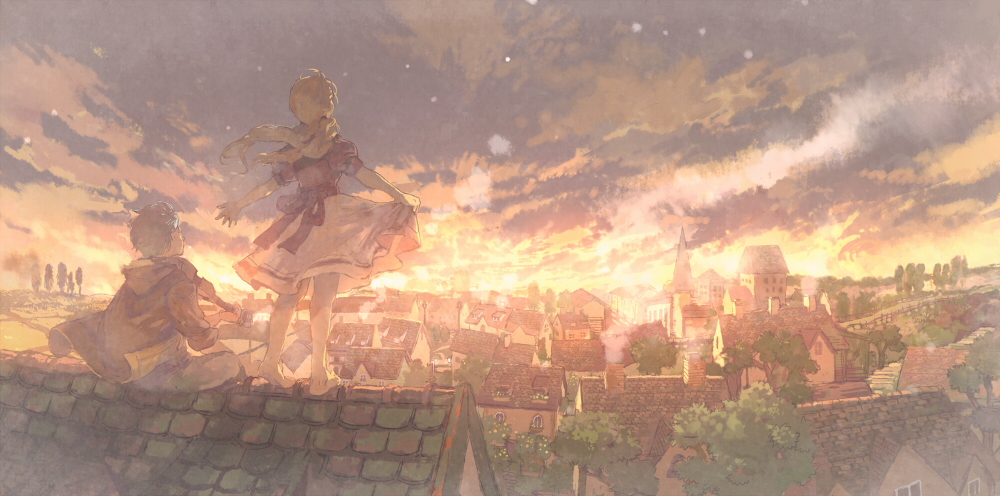 1girl, bad_id, blonde_hair, cityscape, from_behind, instrument, long_hair, original