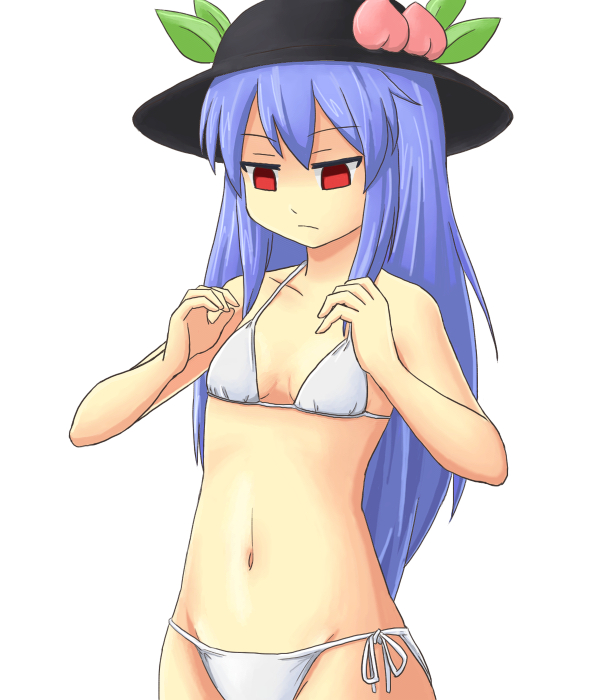 arms_up, benishouga, benishouga_(honhonda), bikini, blue_hair, empty_eyes, flat_chest, food