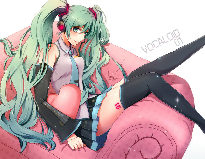 bad_id, couch, cushion, detached_sleeves, green_eyes, green_hair, hatsune_miku, headset