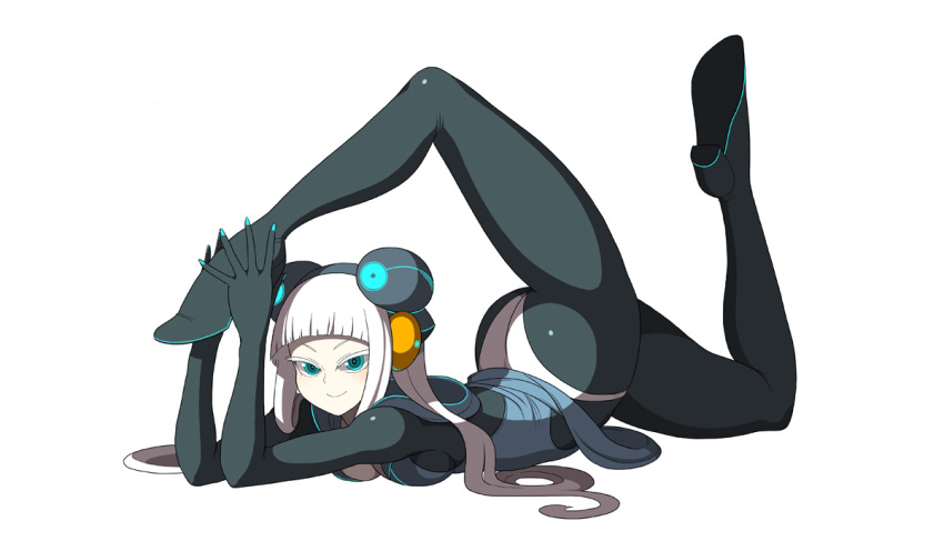 aqua_eyes, ass, bodysuit, electro_emilia, flexible, high_heels, ken_(koala), latex, legs, long_hair, original, panties, shoes, simple_background, smile, solo, thong, underwear, white_hair, white_panties