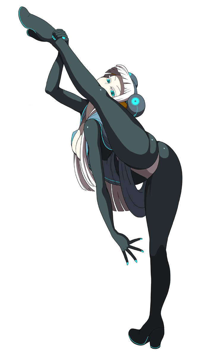 aqua_eyes, ass, bodysuit, electro_emilia, flexible, high_heels, highres, ken_(koala), latex, leg_lift, legs, long_hair, nail_polish, original, panties, shoes, simple_background, solo, thong, underwear, white_hair, white_panties