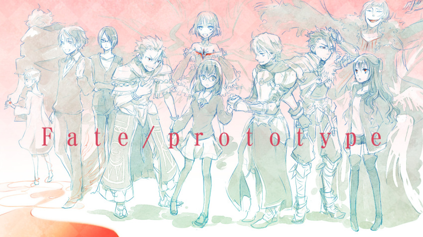 archer's_master_(fate/prototype), archer's_master_(fate/prototype), archer_(fate/prototype), armor, bare_shoulders, bracelet, fate/prototype, fate_(series), holding_hands, jewelry, lancer_(fate/prototype), long_hair, outstretched_arms, pale_color, pale_colors, reiroukan_misaya, rider, rider's_master_(fate/prototype), rider's_master_(fate/prototype), rider_(fate/prototype), saber_(fate/prototype), sajou_ayaka, sajou_manaka, sajyou_ayaka, sajyou_manaka, sancraid_phahn, sankureido_faan, short_hair, skirt, spread_arms, title_drop