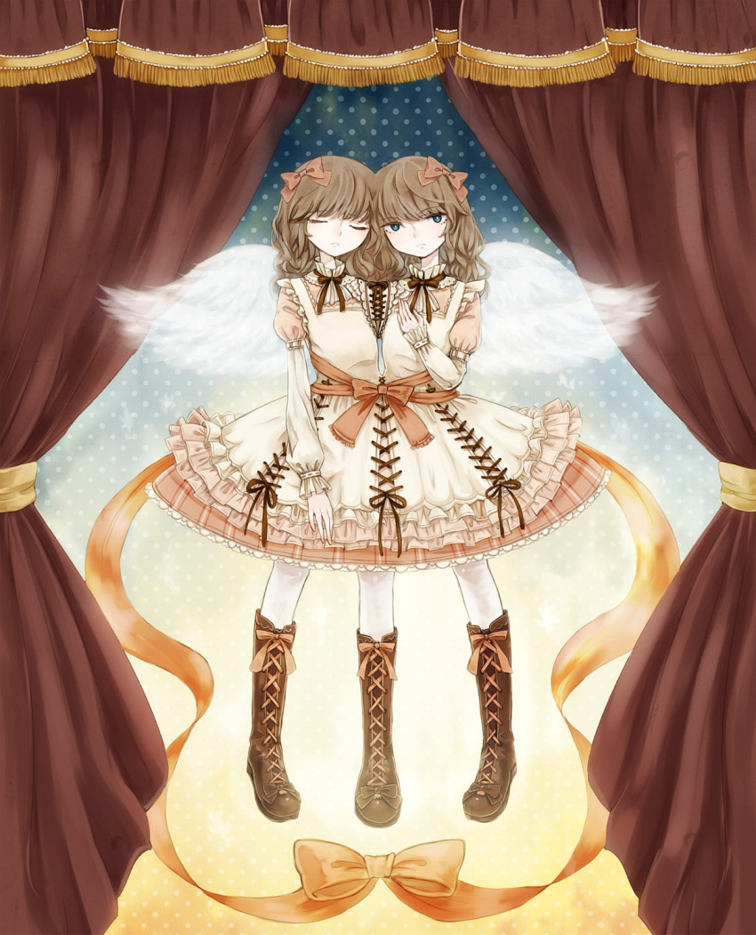 blue_eyes, boots, bow, brown_hair, conjoined, curtains, dress, hair_bow
